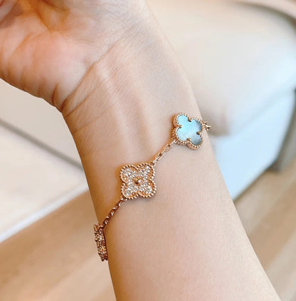 [Love's Uplift]CLOVER 5 MOTIFS DARK MOP AND DIAMONDS PINK GOLD BRACELET